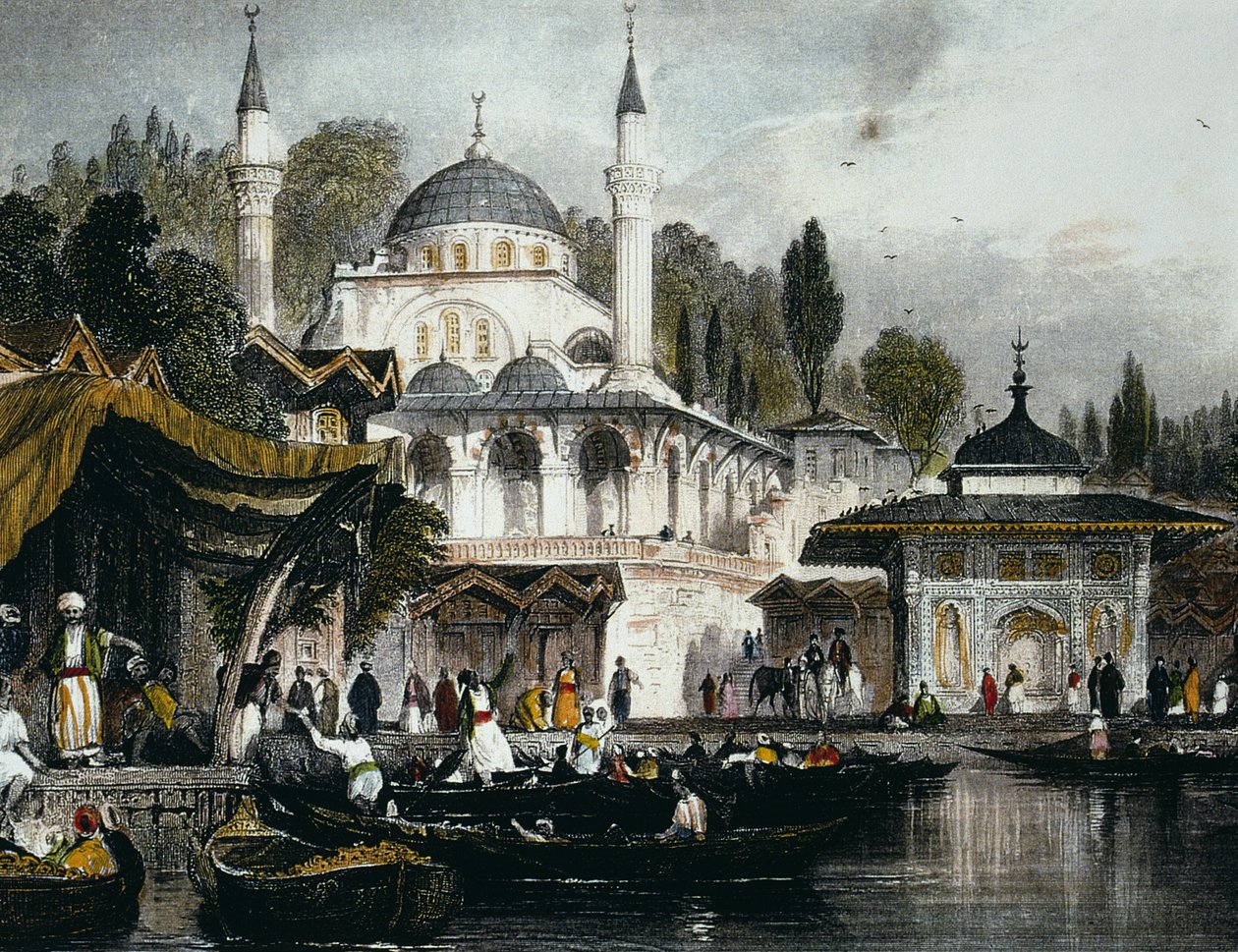 Mešita Mihrimah Sultan v Uskudaru, na anatolském břehu Bosporu, s výhledem na Istanbul, 1839 (barevná rytina) od Thomas Allom