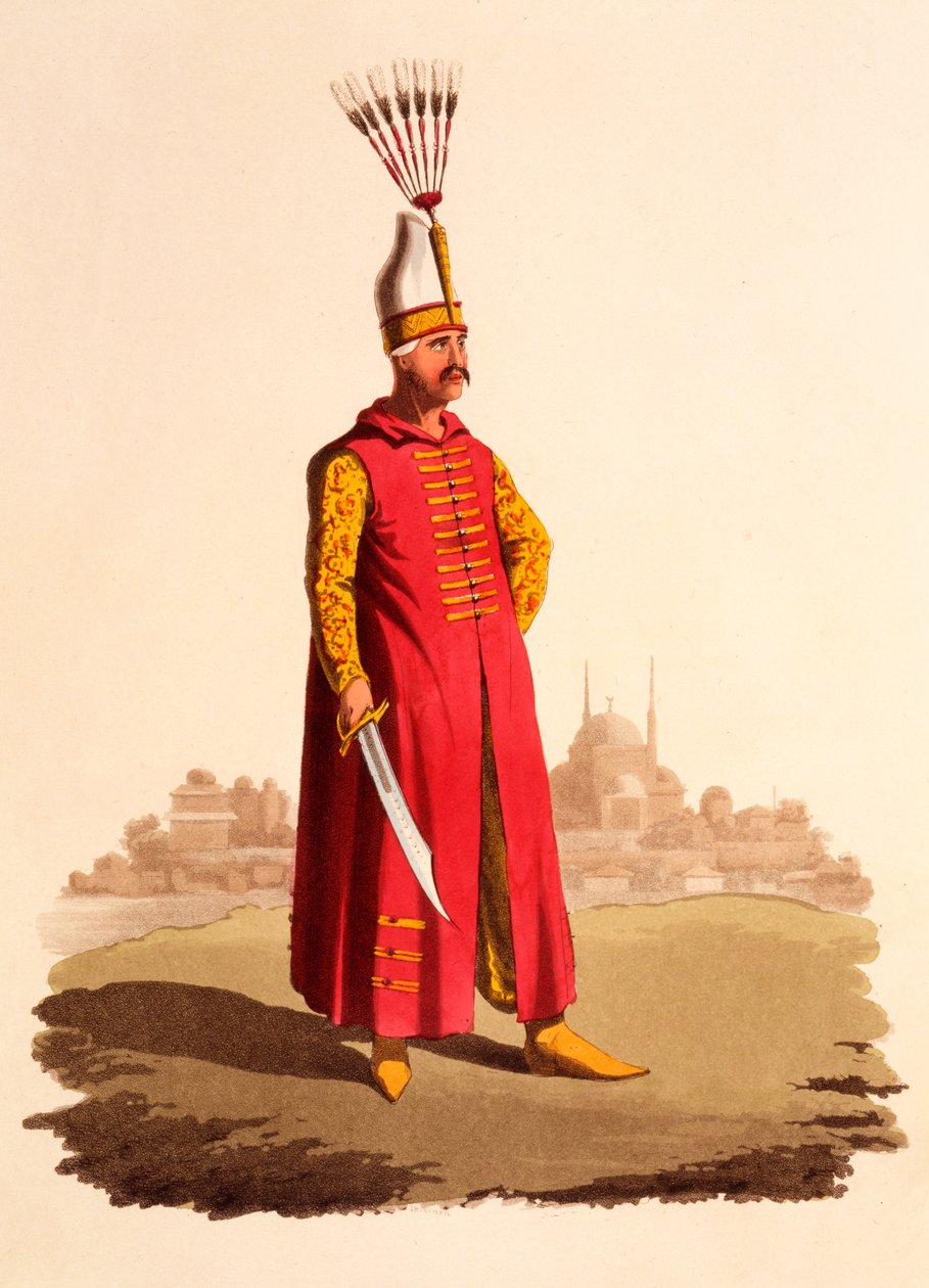 Důstojník janičářů z „Vojného kostýmu Turecka“, vydaného v roce 1818 (ručně kolorovaná akvatinta) od Thomas Charles Wageman