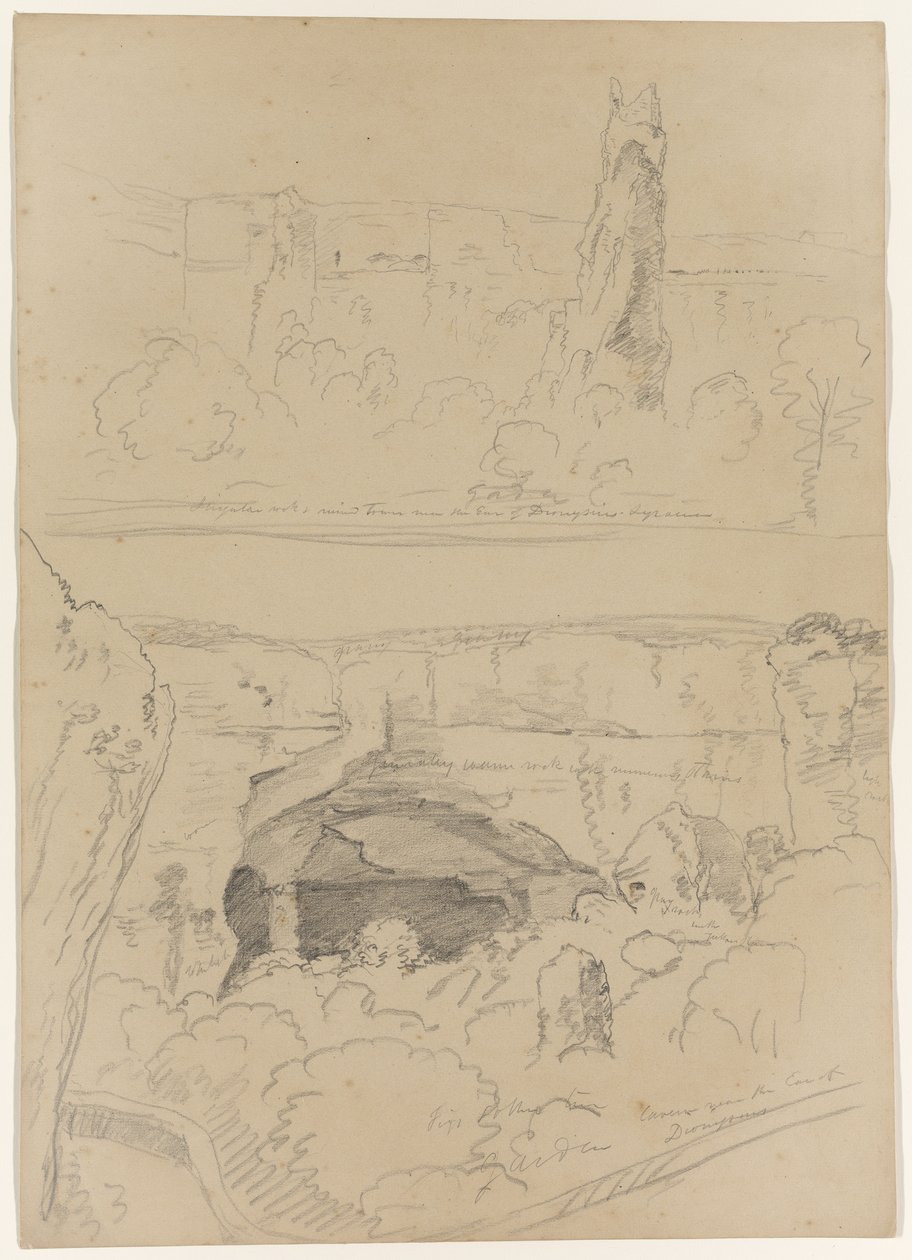 Skála, ruiny věže a jeskyně poblíž Dionýsova ucha, Syrakusy, Sicílie, 1842 od Thomas Cole