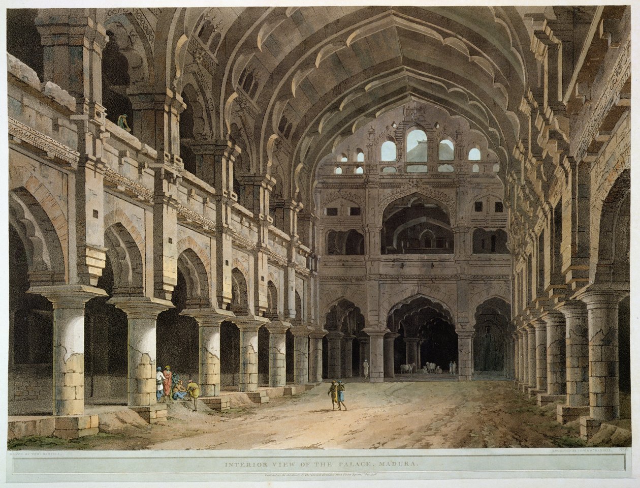 Interiér paláce, Madura, deska XV z „Oriental Scenery“, vydané 1798 (barevná akvatinta) od Thomas Daniell