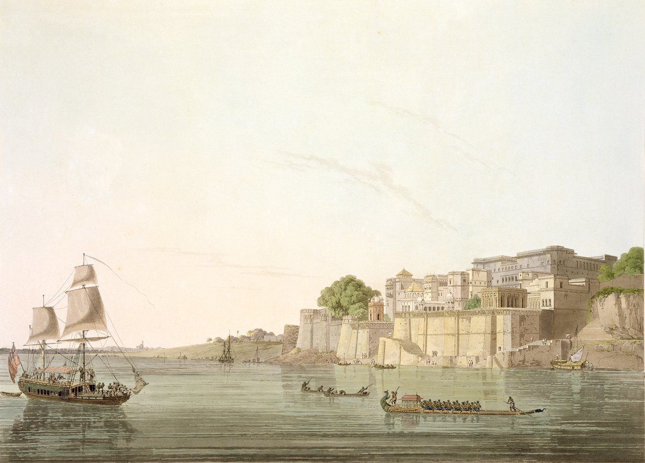 Ramnugur, poblíž Benares, na řece Ganga, z „Orientální scenérie: Dvacet čtyři pohledů v Hindoostánu“, 1796 od Thomas Daniell
