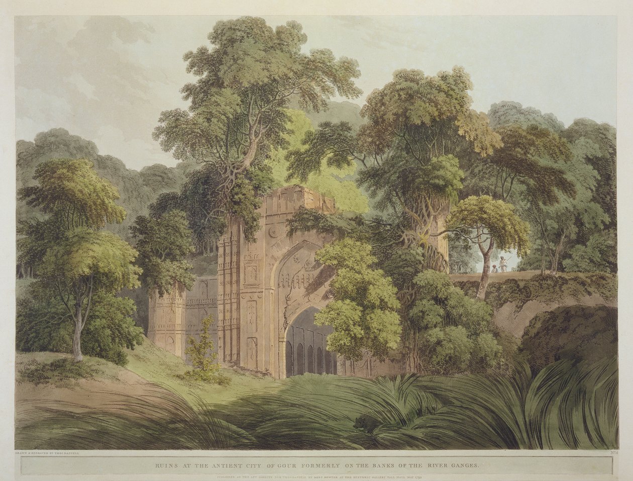 Ruiny starověkého města Gour, dříve na břehu řeky Gangy, z „Oriental Scenery: Twenty Four Views in Hindoostan“, 1795 od Thomas Daniell