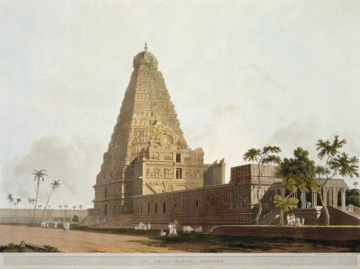 Velká pagoda, Tanjore, deska XXIV z „Oriental Scenery“, vydaná 1798 (barevná akvatinta) od Thomas Daniell