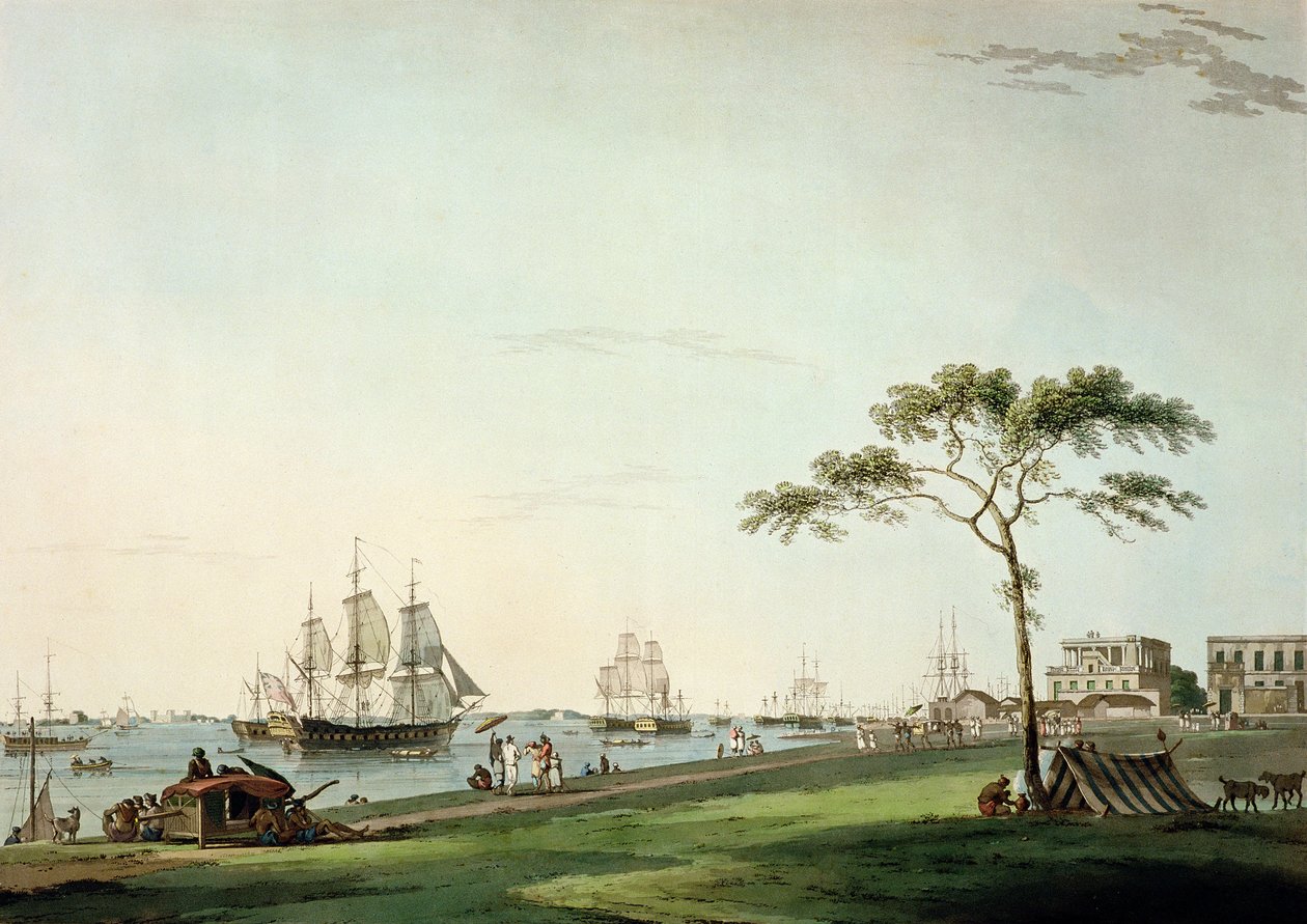 Pohled pořízený na Esplanade, Kalkata, deska I z „Oriental Scenery“, vydané v roce 1797 (barevná akvatinta) od Thomas Daniell