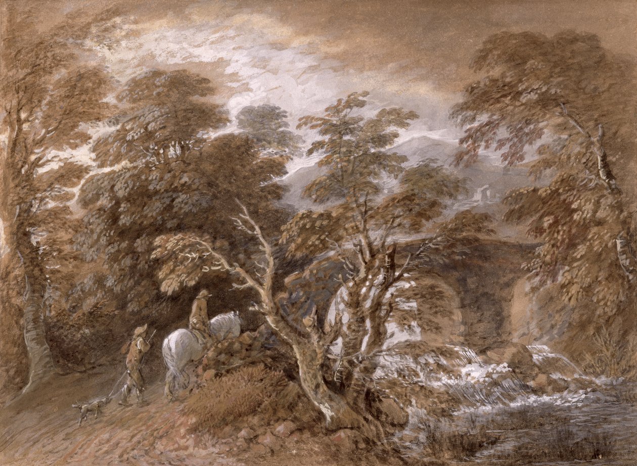 Woodland Pool with Rocks and Plants, cca 1765-70 (wc a černá křída přes grafit s olejovou barvou na papíře) od Thomas Gainsborough