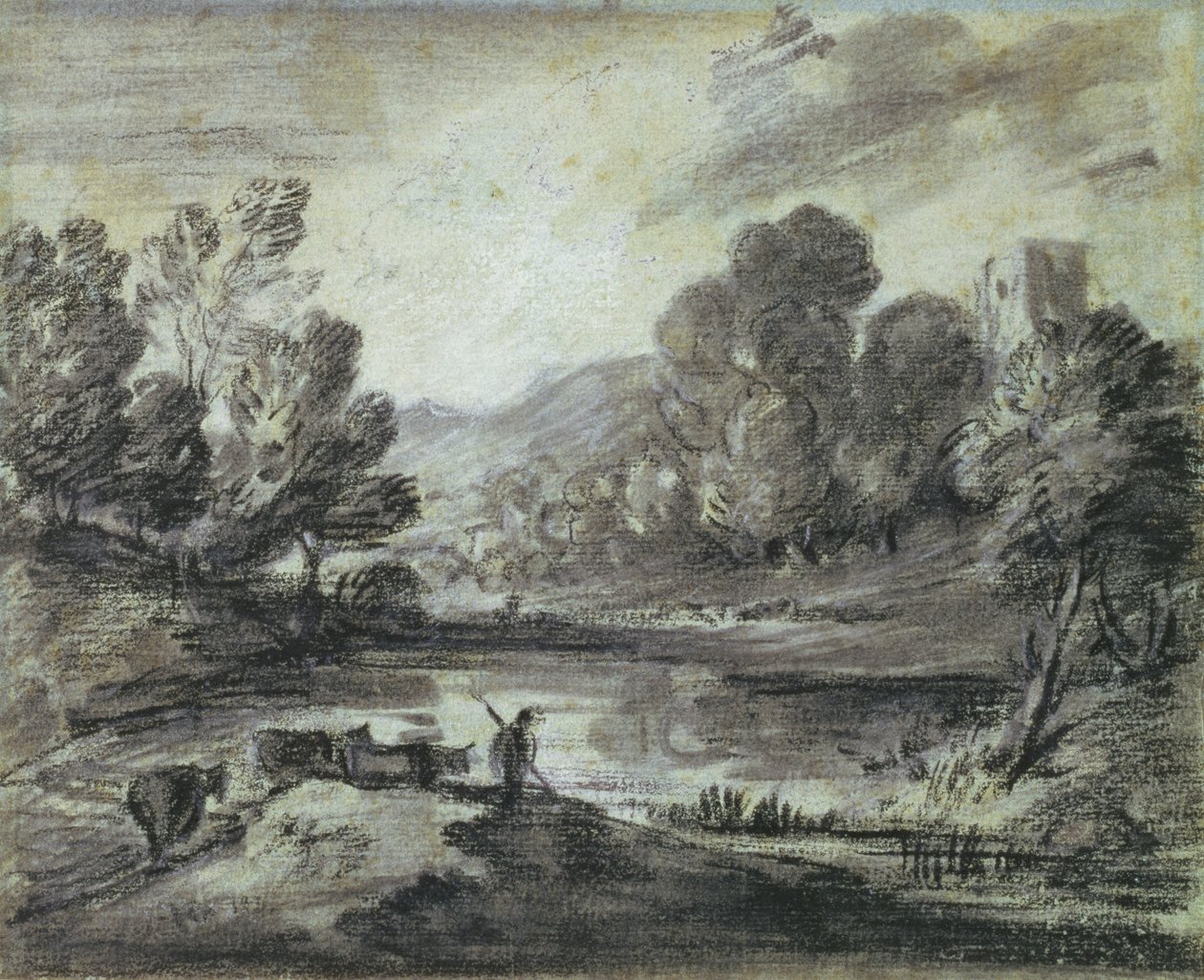 Kopcovitá krajina, cca 1775-80 (černá křída, pařez a bílá křída na modrém papíře) od Thomas Gainsborough