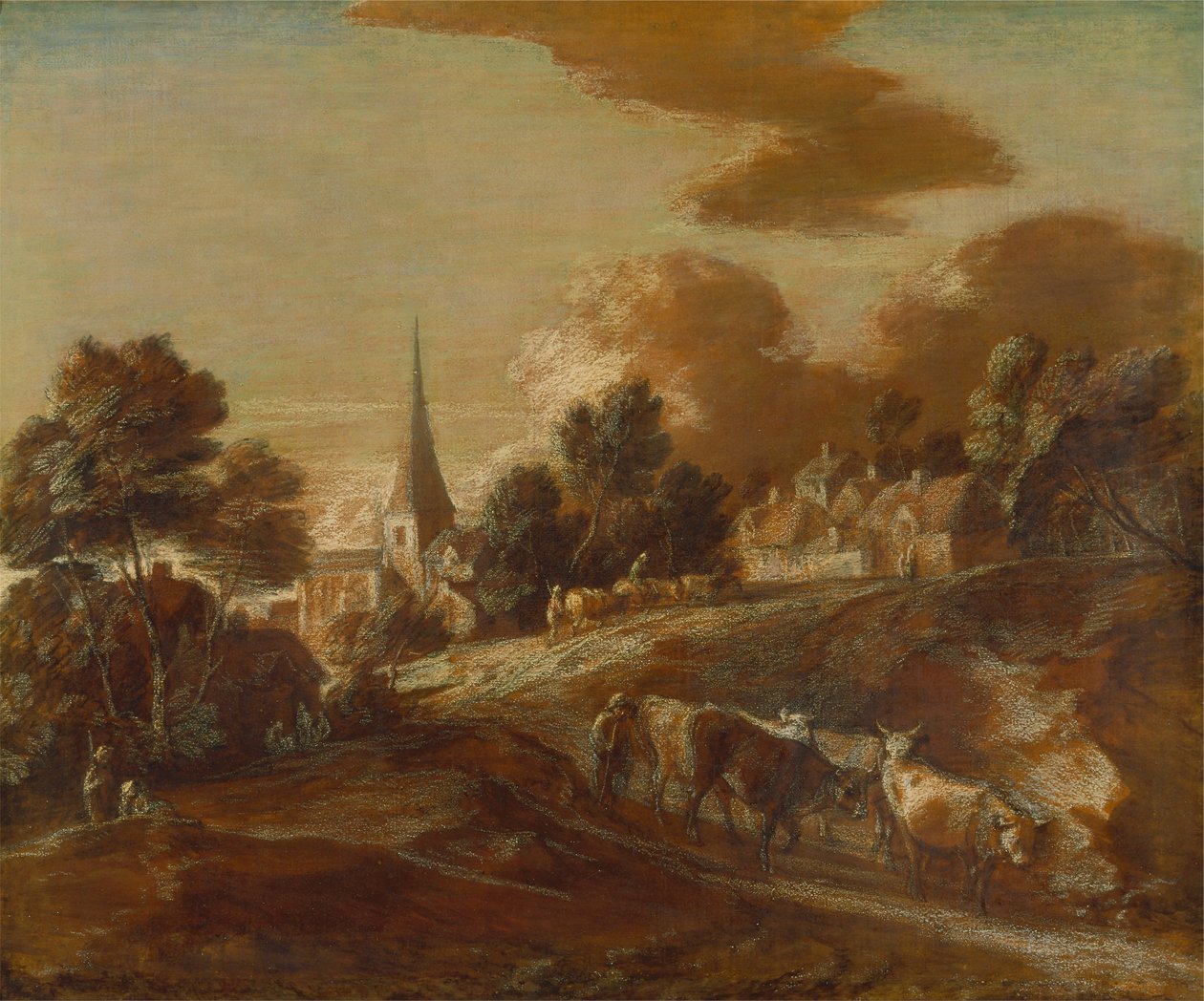 Imaginární lesnatá vesnička s honáky a dobytkem od Thomas Gainsborough