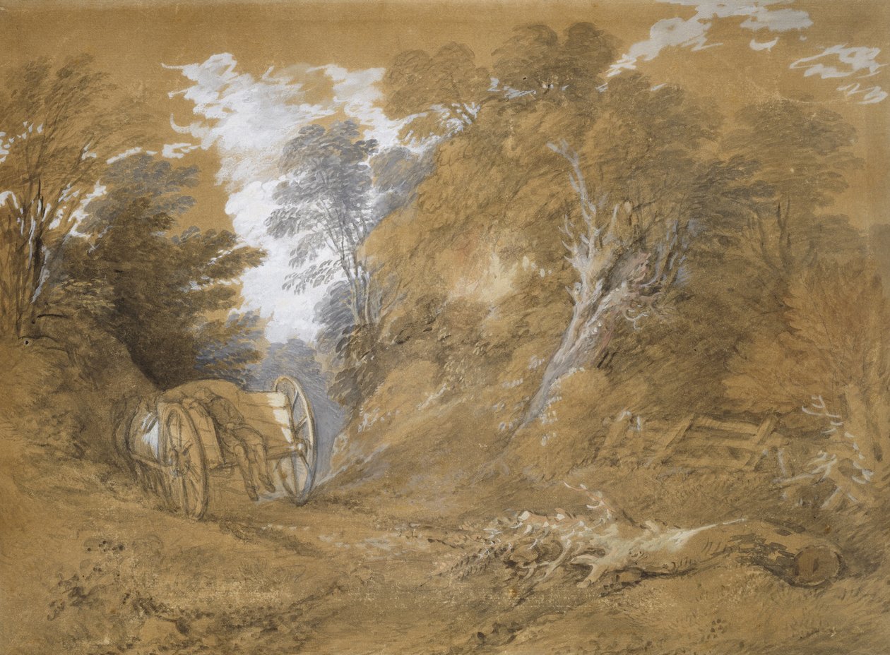 Zalesněná krajina se selským chlapcem spícím na voze (akvarel a tělová barva přes slabé náznaky v grafitu na hnědém papíře) od Thomas Gainsborough