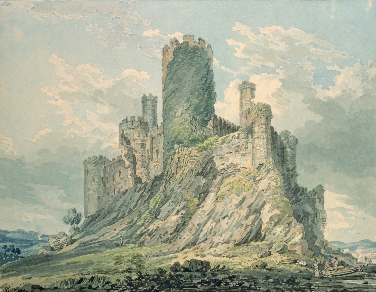 Conway Castle, 18. století (čb a tužka na papíře) od Thomas Girtin