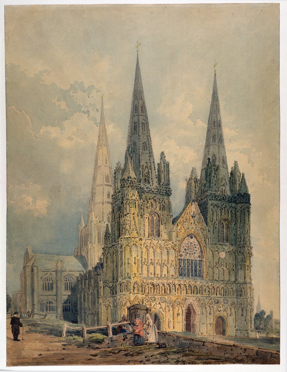 Lichfieldská katedrála, Staffordshire, 1794 (čb na křídovém papíře) od Thomas Girtin