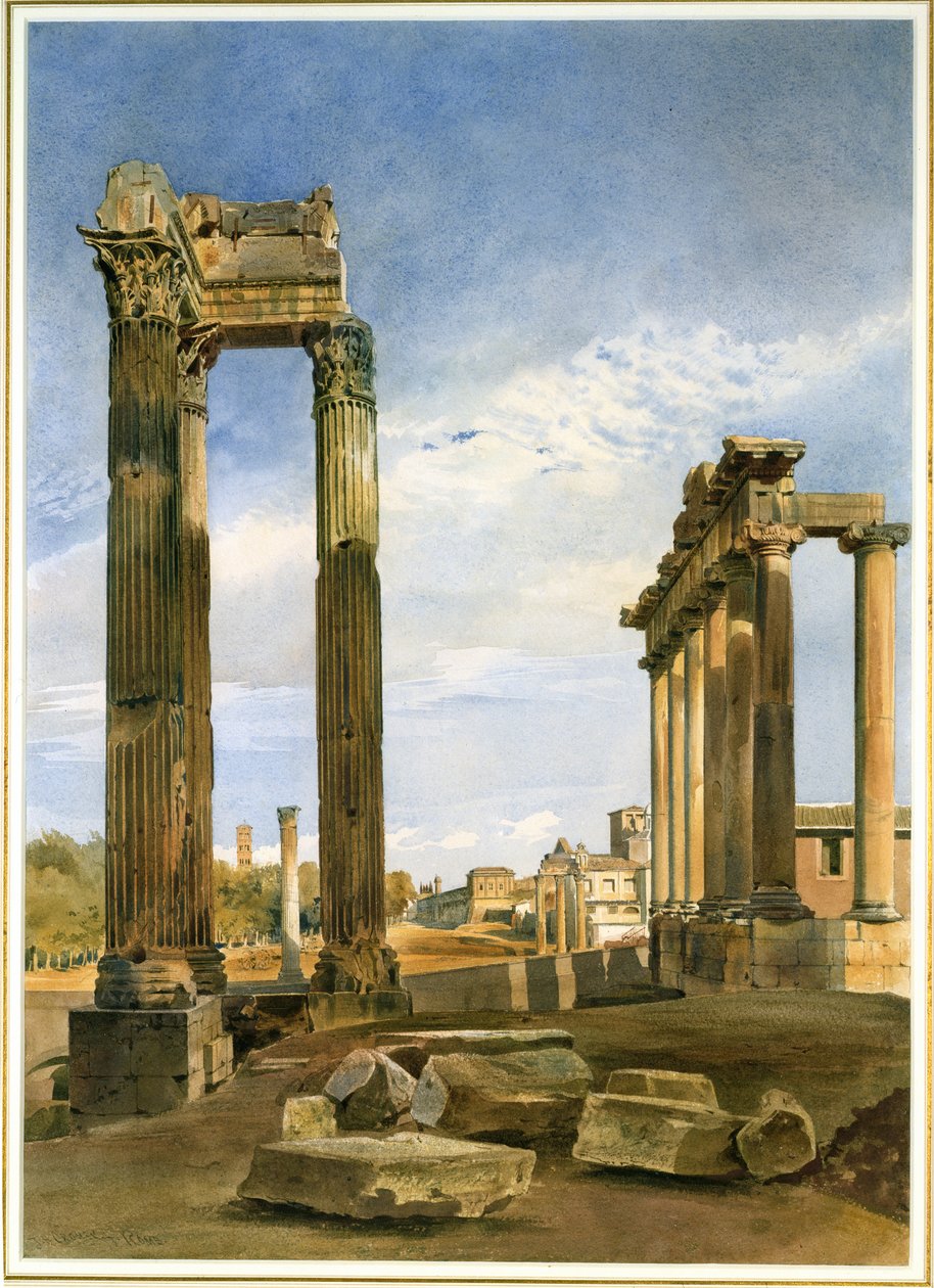 Vespasianovy a Saturnovy chrámy s Castorovým chrámem, Forum, Řím (wc na papíře) od Thomas Hartley Cromek