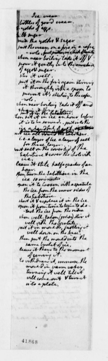 Recept na vanilkovou zmrzlinu, cca 1780 (tuš na papíře) od Thomas Jefferson