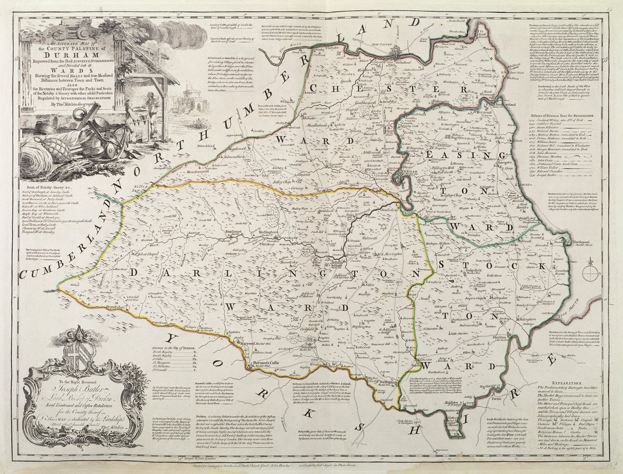 Mapa Durhamu, 1777 (ručně kolorovaná rytina) od Thomas Kitchin