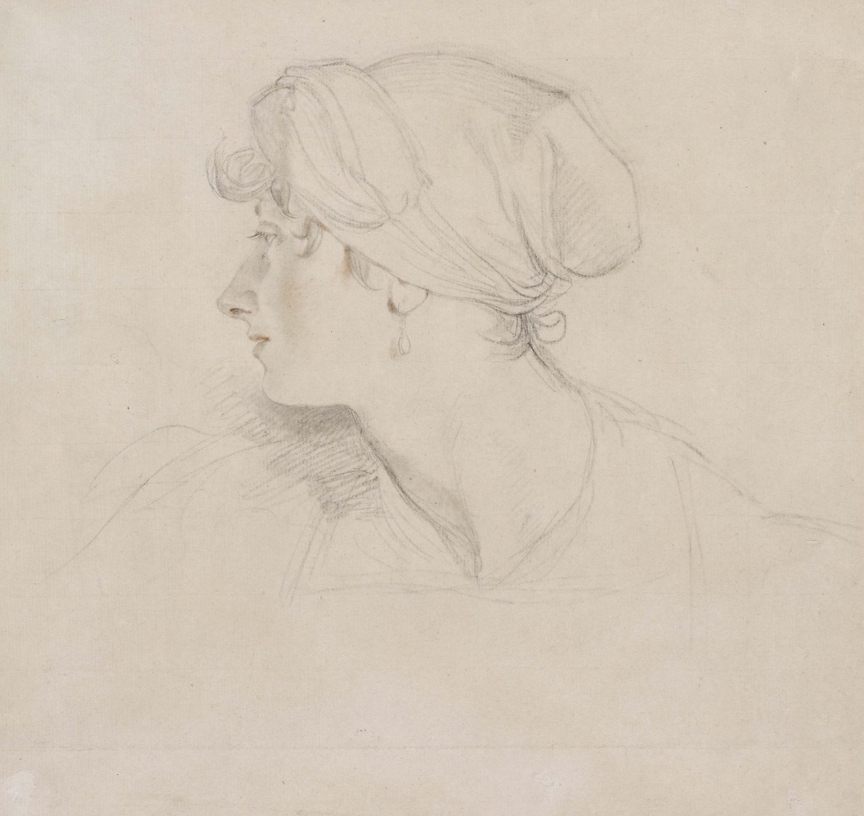 Paní Jens Wolff (černá křída, dotčená červenou křídou na tenkém bílém papíře, položená na japonském papíře) od Thomas Lawrence