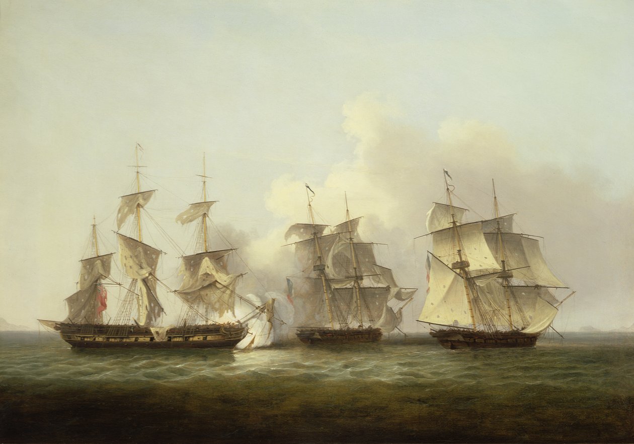 HMS Gore v akci s francouzskými brigy Palinure a Pilade (viz také 197355) od Thomas Luny