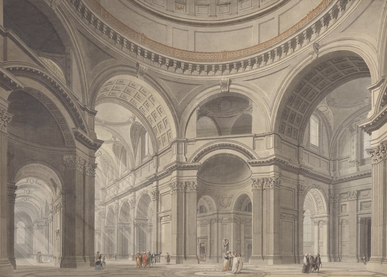 Interiér katedrály St. Pauls, c.1792 (grafit, wc a pero na papíře) od Thomas Malton Jnr.