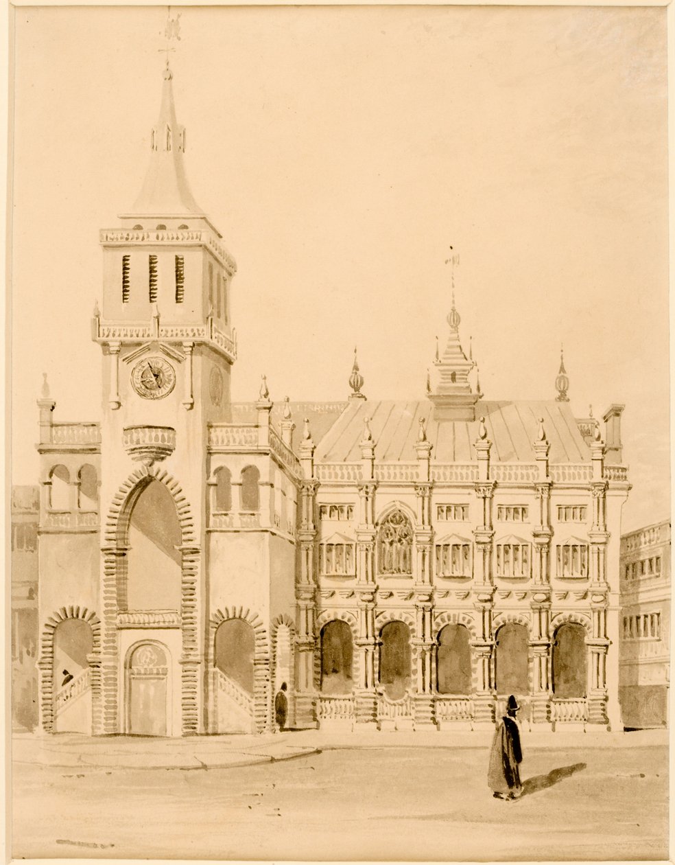 Exteriér původní radnice (tuš (černá) na papíře (na kartonu)) od Thomas Miles Richardson