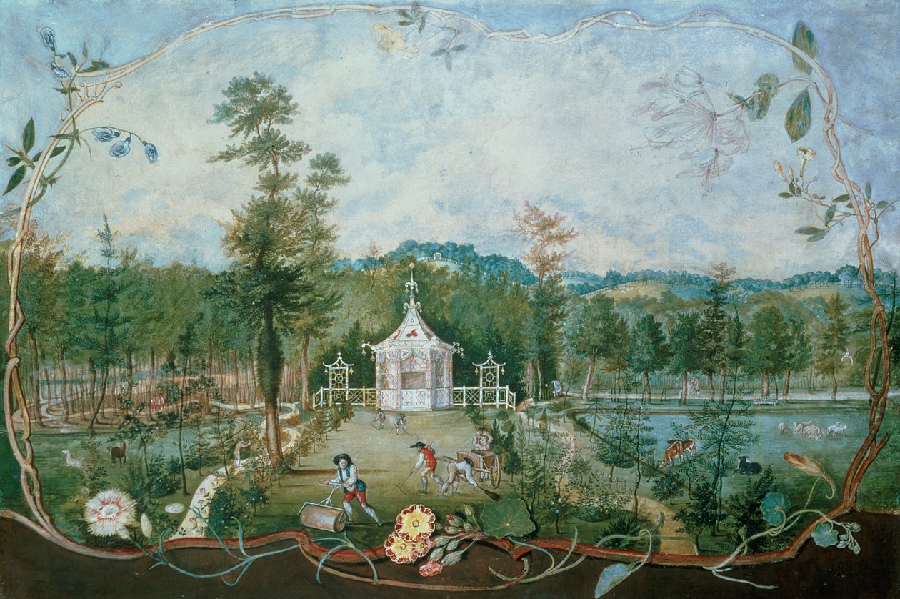 Čínský pavilon v anglické zahradě, 18. století (čb a kvaš na papíře) od Thomas Robins