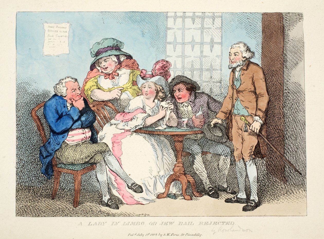 A Lady In Limbo or Jew Bail Rejected, 1802 (ručně kolorovaná koncovka) od Thomas Rowlandson