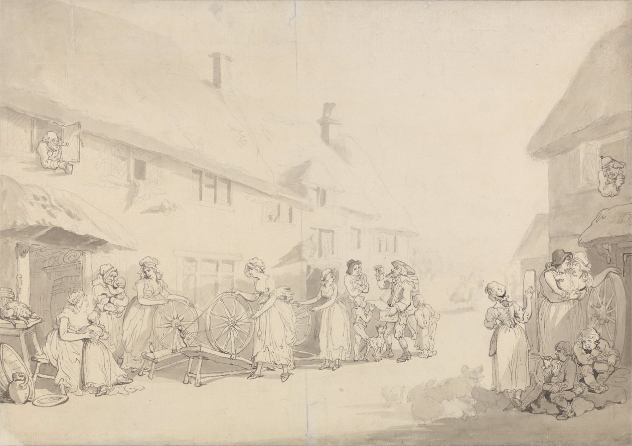 Vesnická scéna s točícími se dívkami od Thomas Rowlandson