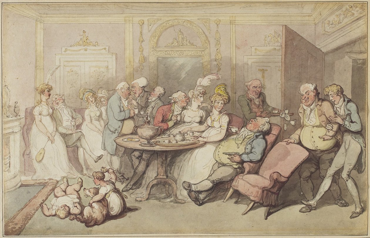 After Dinner, cca 1805 (pero a hnědá, rumělkový a šedý inkoust a wc přes grafit na tkaném papíře na originální paspartě s ručně kresleným okrajem) od Thomas Rowlandson