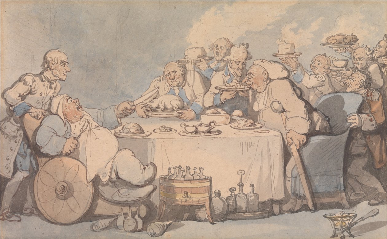 Pohodlí Bath- Gouty Gourmands na večeři od Thomas Rowlandson