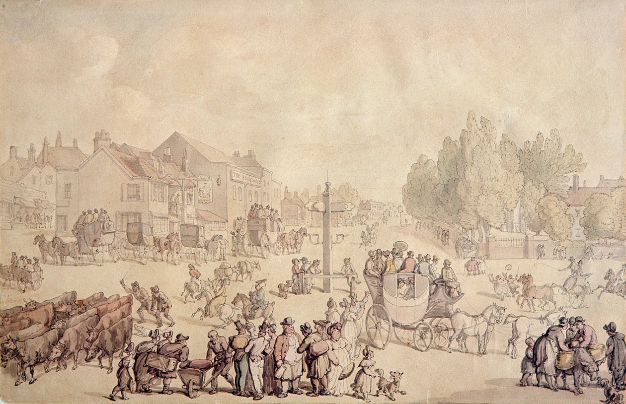 Slon a hrad (ručně kolorovaná rytina) od Thomas Rowlandson
