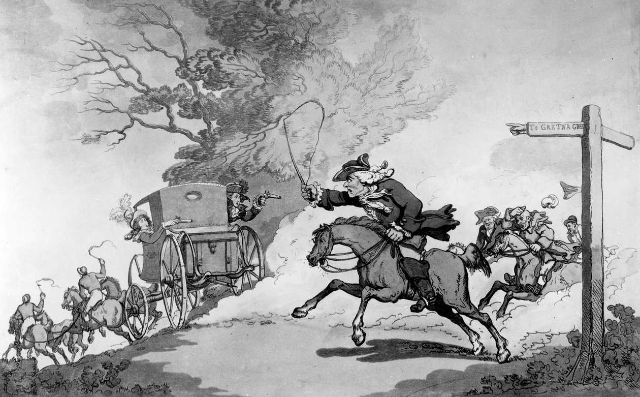 Filiální náklonnost aneb Výlet do Gretna Green, 80. léta 18. století (litho) od Thomas Rowlandson