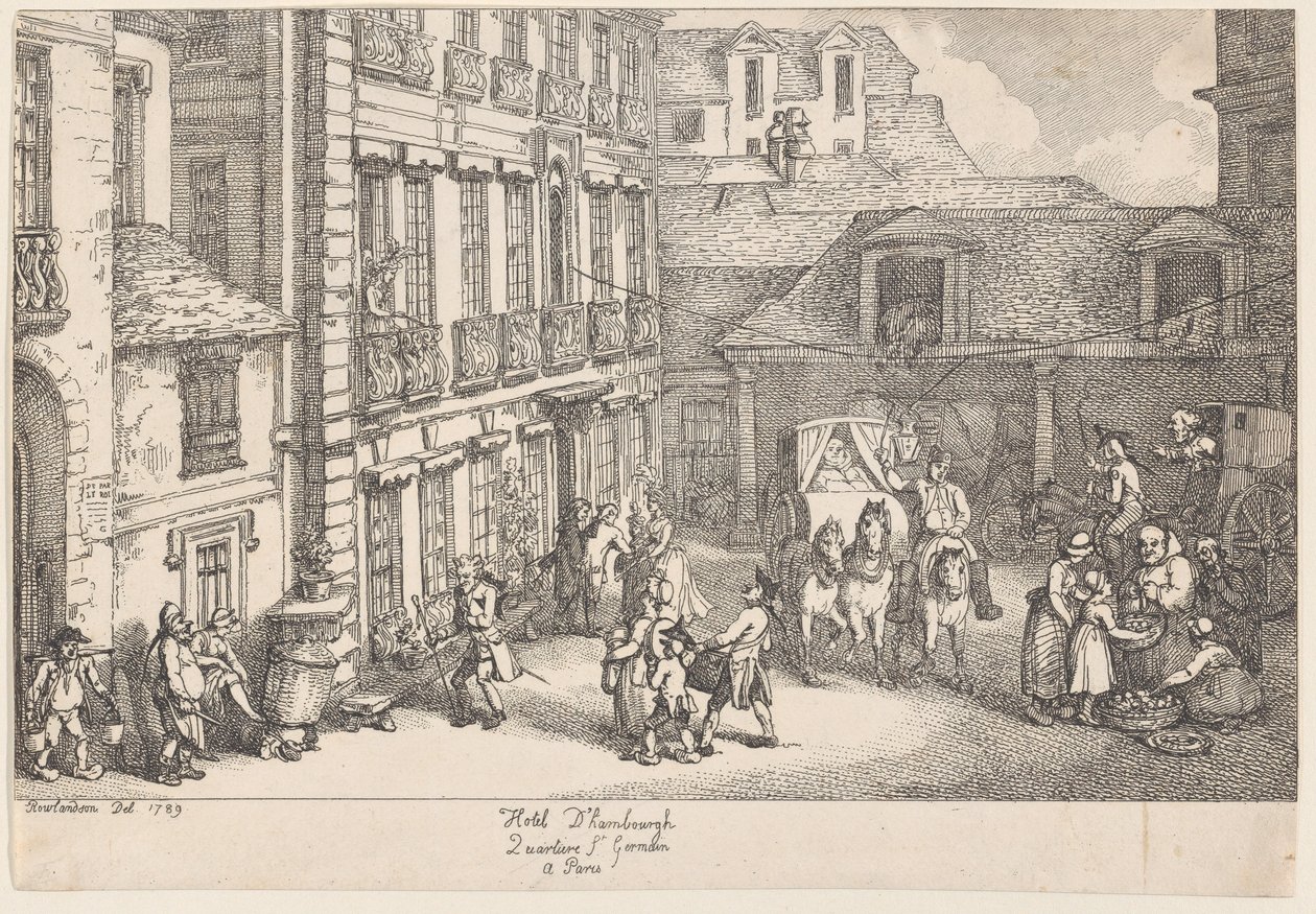 Hotel dHambourgh, Quartiere St. Germain v Paříži, 1789 od Thomas Rowlandson