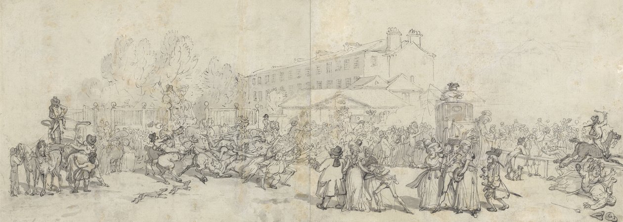 Hyde Park Corner, (pero, inkoust a šedá barva na grafitovém papíru položeném na listech) od Thomas Rowlandson