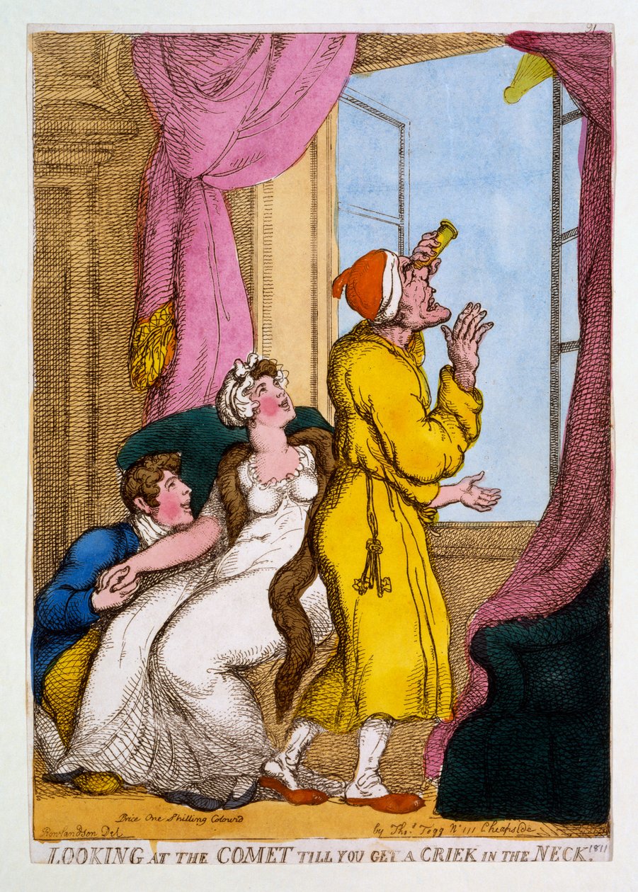 Díváte se na kometu, dokud nedostanete Criek in the Neck, 1811 (ručně kolorovaná rytina) od Thomas Rowlandson