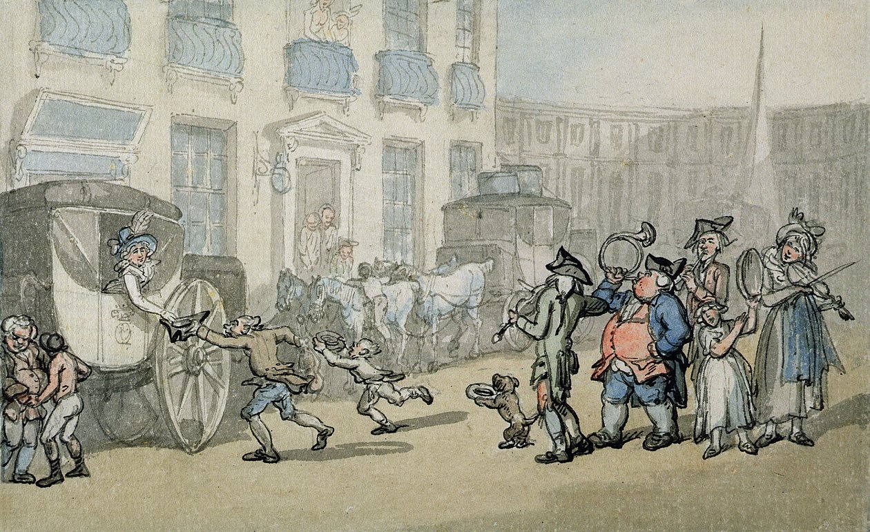 Výlet Matthewa Bramblea do Bathu: (čb, pero a tuš a tužka na papíře na paspartě) od Thomas Rowlandson