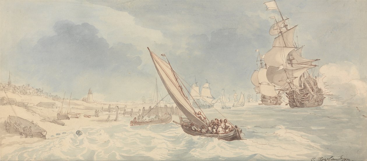 Váleční muži a plachetnice poblíž pobřeží od Thomas Rowlandson