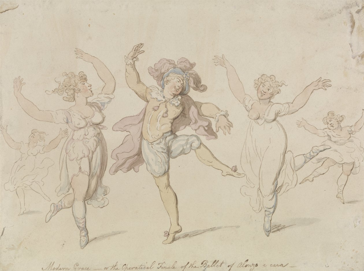 Modern Grace aneb, operní finále baletu Alonzo e caro (wc s perem a inkoustem na tkaném papíře) od Thomas Rowlandson