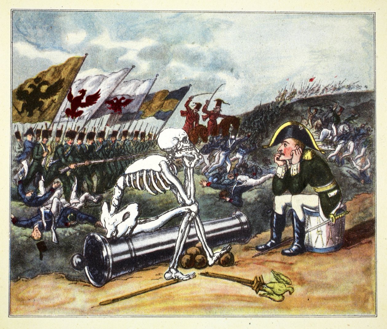 Napoleon na bitevním poli u Lipska, 1813 (ručně kolorovaná rytina) od Thomas Rowlandson