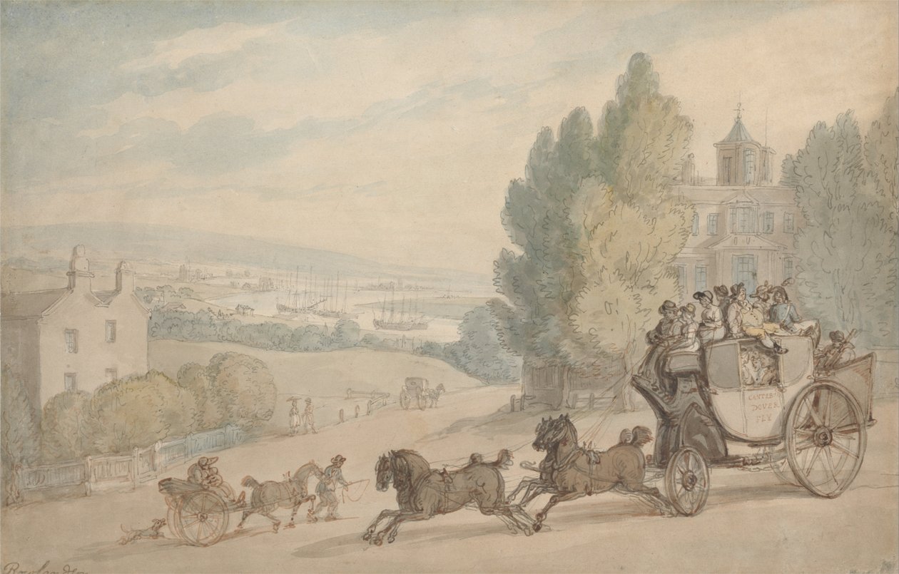 Trenér Canterbury-Dover kolem hradu Vanbrugh od Thomas Rowlandson