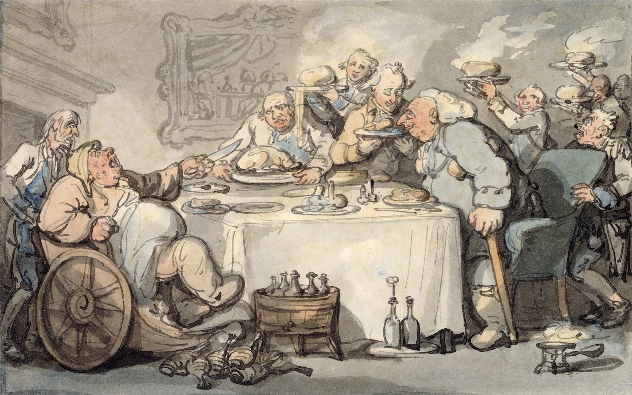 The Comforts of Bath: Gouty Gourmand at Dinner (wc na papíře) od Thomas Rowlandson