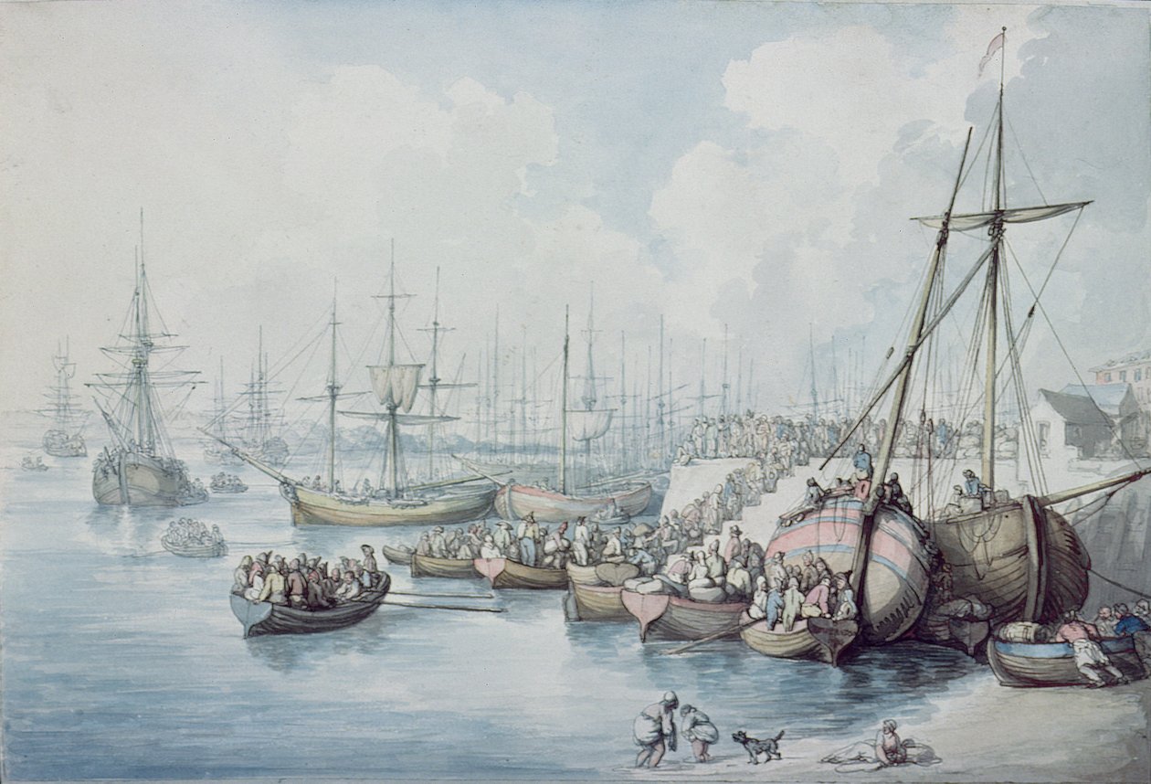 Vylodění roajalistů z Toulonu v Southamptonu v roce 1794 od Thomas Rowlandson