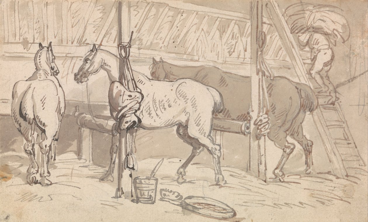 Tři koně ve stájích od Thomas Rowlandson