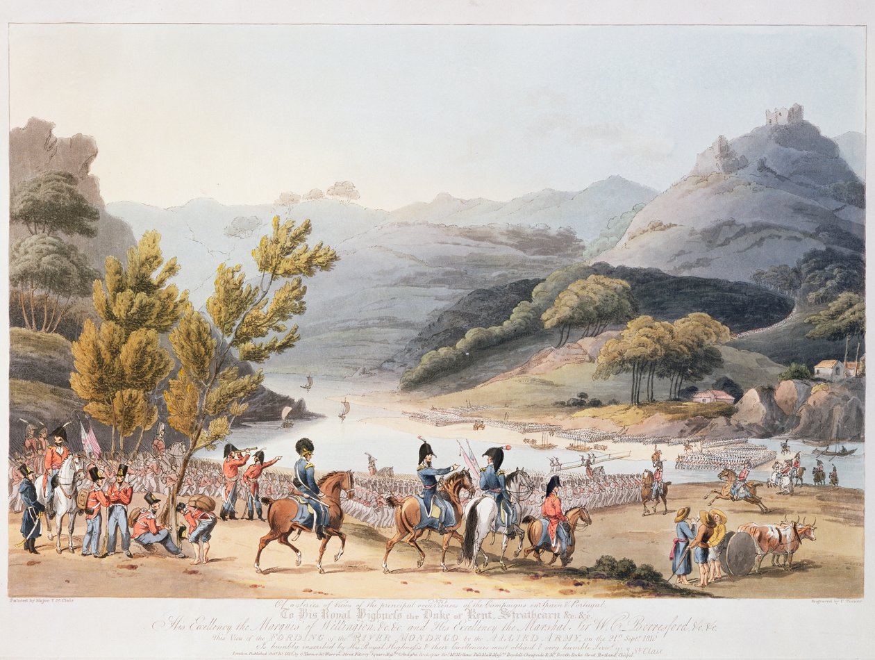 Fording of the River Mondego, vyryto C. Turnerem, 21. září 1810 od Thomas Staunton St. Clair