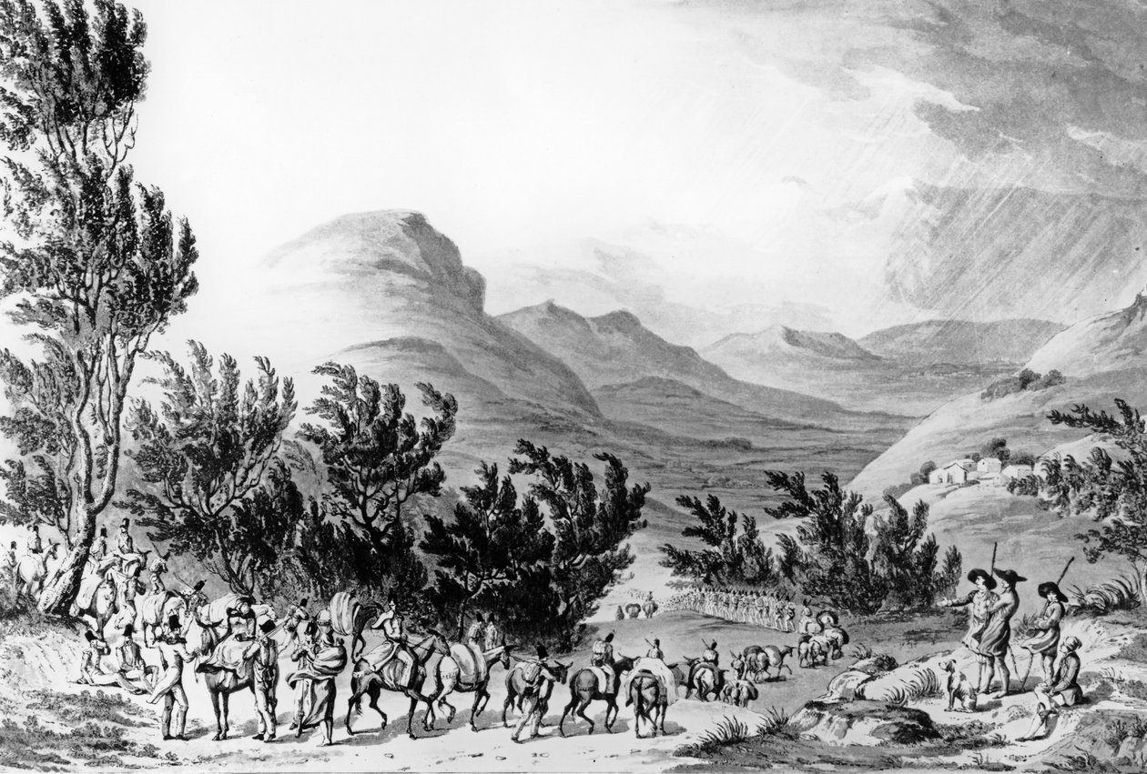 Serra de Estrella nebo de Neve, pochod zavazadel po armádě, 16. května 1811, vyryl Charles Turner, 1815 od Thomas Staunton St. Clair