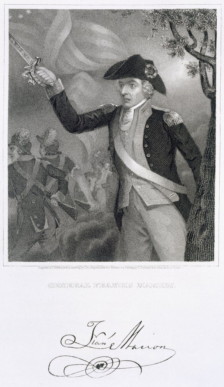 Portrét generála Francise Mariona v bitvě u Eutaw Springs, 1781, vyrytý Thomasem B. Welchem (1814-74) z kresby Jamese Barton Longacre (1794-1869) od Thomas Stothard