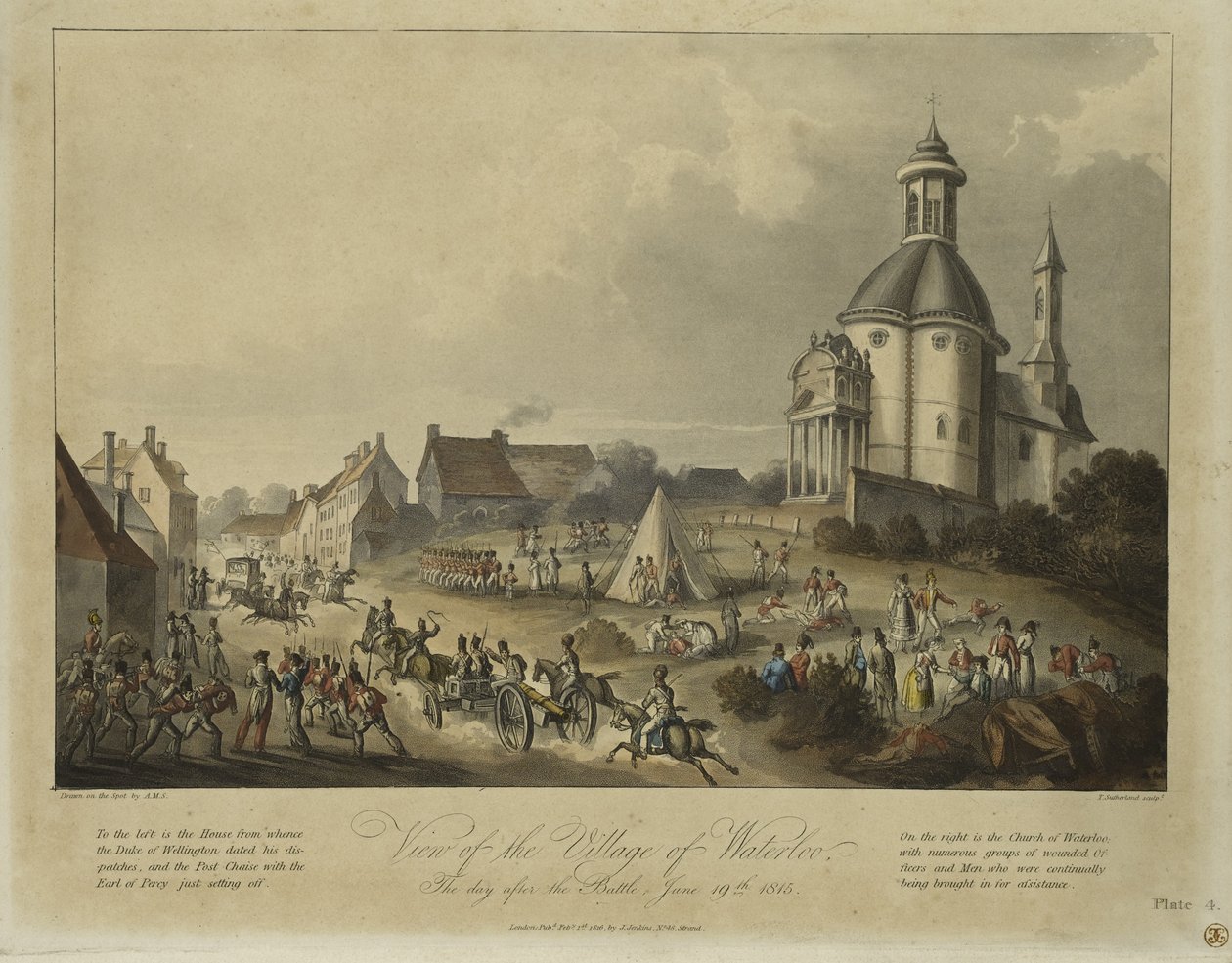 Pohled na vesnici Waterloo, den po bitvě, 19. června 1815, podle A.M.S., vydal James Jenkins, 1. února 1816 (barevná akvatinta) od Thomas Sutherland