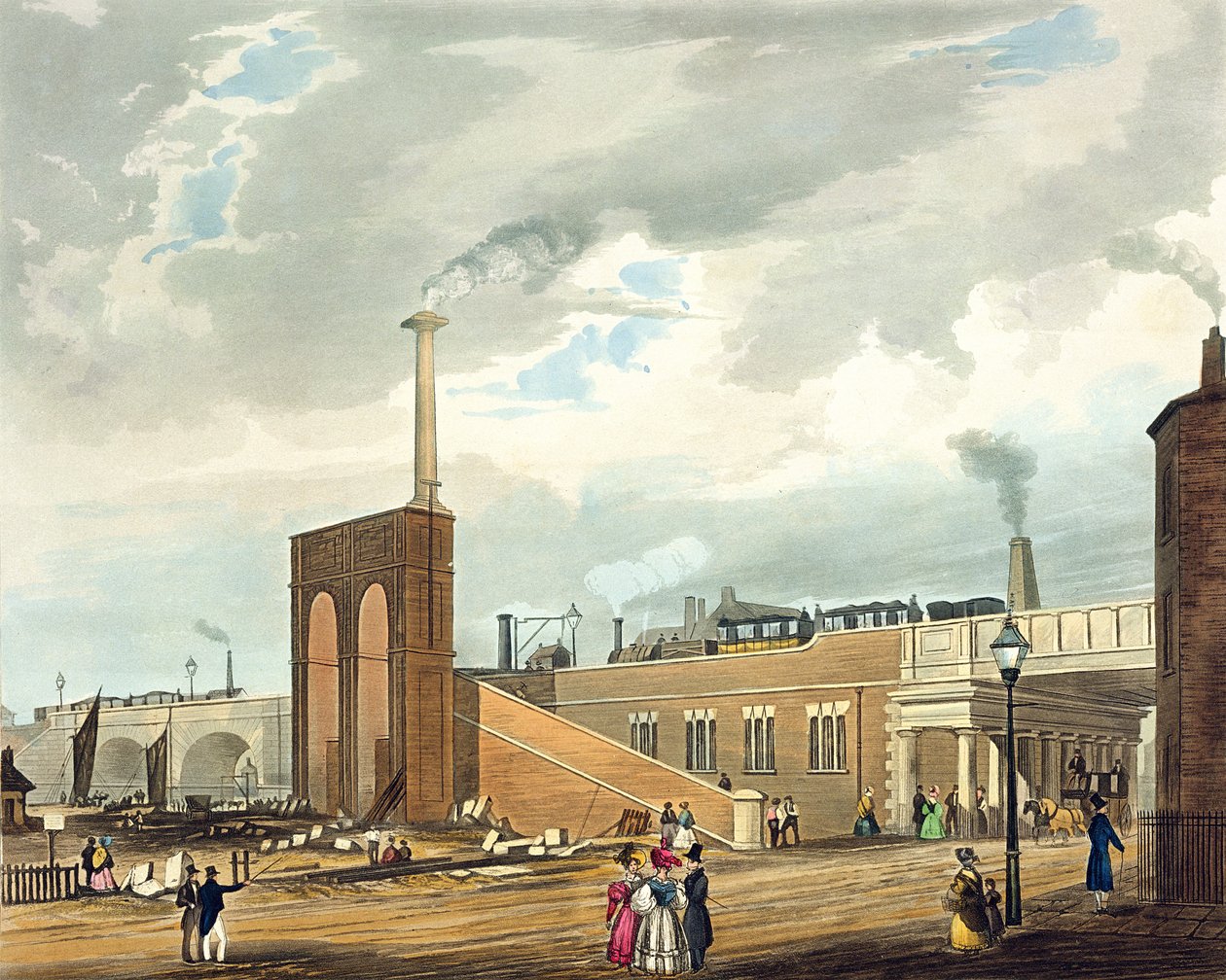 Vjezd do Manchesteru přes Water Street, deska 6 z publikace "Coloured View of the Liverpool und Manchester Railway", kterou vydala společnost Ackermann und Co., Londýn, 1833. od Thomas Talbot Bury