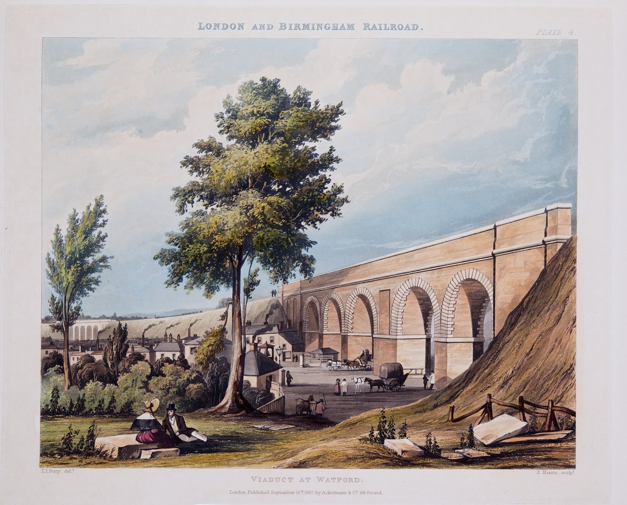 Viadukt ve Watfordu, 1837 (ručně kolorovaná rytina) od Thomas Talbot Bury