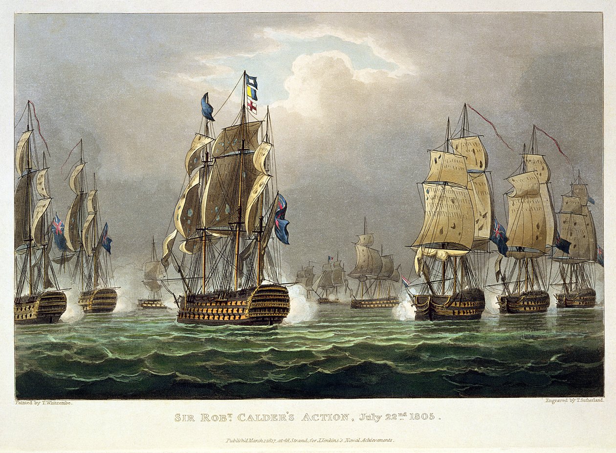 Akce sira Roberta Caldera, 22. července 1805, vyryl Thomas Sutherland pro „Naval Achievements“ J. Jenkinse, 1816 (barevná rytina) od Thomas Whitcombe