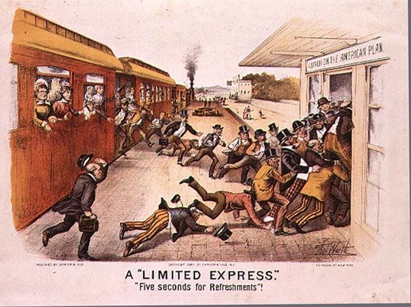 A Limited Express, Pět sekund na občerstvení, hospoda. Currier a Ives v New Yorku, 1884 od Thomas Worth