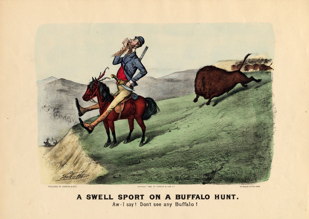 A swell sport on a buffalo hunt, vyd. Currier und Ives, 1882 od Thomas Worth