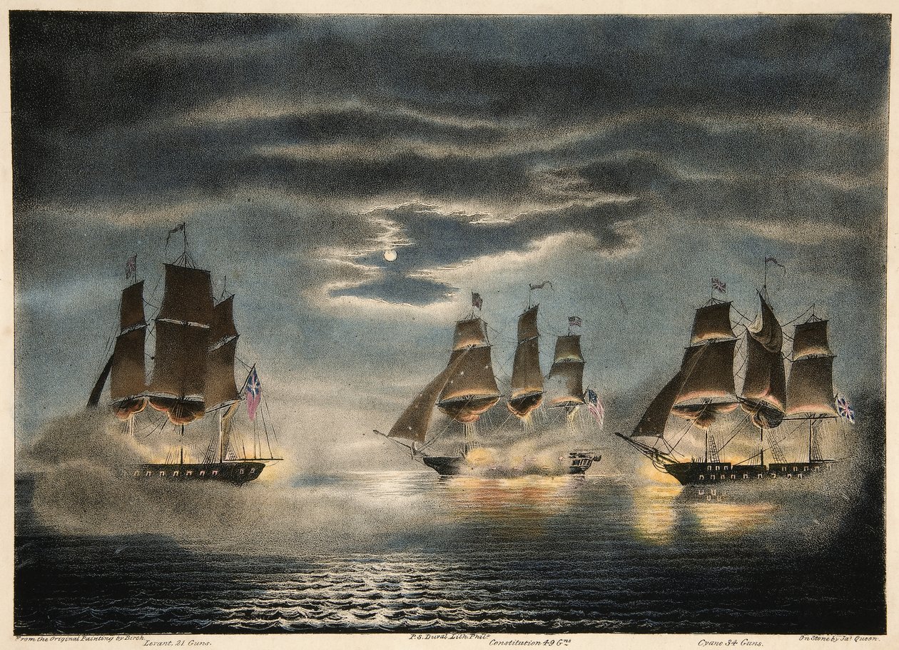 Zachycení H.M. Lodě Cyane a Levant, podle U.S. Fregate Constitution, z časopisu Army and Navy, pub. 1840 od Thomas after Birch