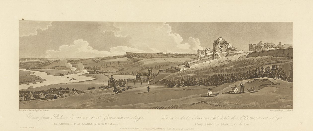 Pohled na akvadukt Marly z Palace Terrace v St. Germain en Laye, vyrytý Josephem Constantine Stadlerem, 1803 (akvatinta) od Thomas after Girtin
